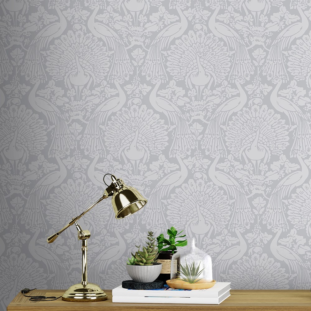 Peacock Damask Wallpaper 114911 by Laura Ashley in Pale Slate Grey